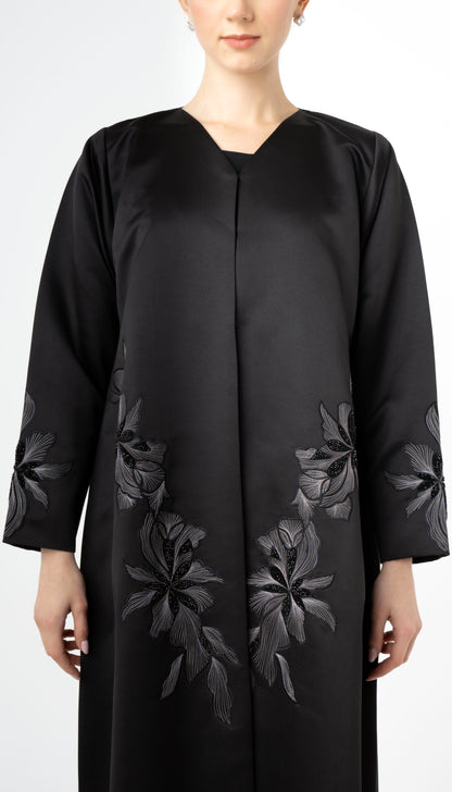 Black Abaya With Elegant Embroidery On Front And Sleeves
