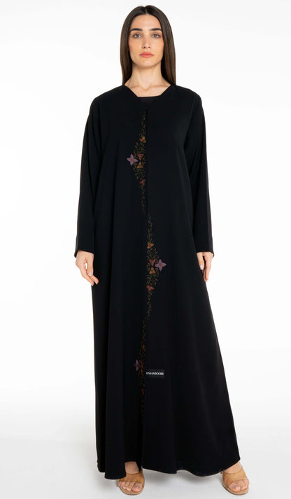 Abaya With Floral Thread & Bead Embroidery On Front Line