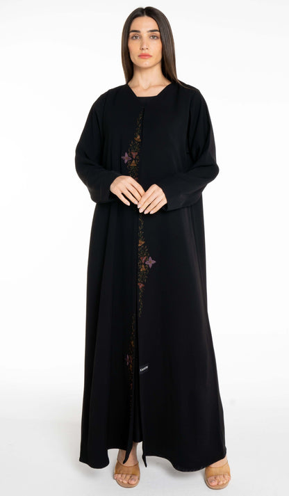 Abaya With Floral Thread & Bead Embroidery On Front Line
