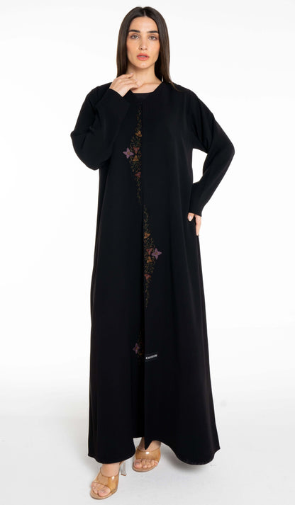 Abaya With Floral Thread & Bead Embroidery On Front Line