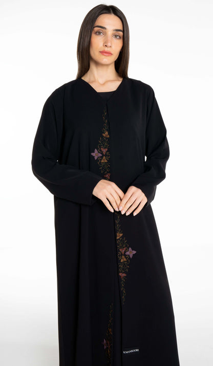 Abaya With Floral Thread & Bead Embroidery On Front Line