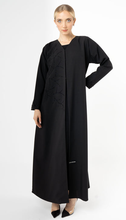 V-Neck Abaya With Stich Line And Embellishment On Front
