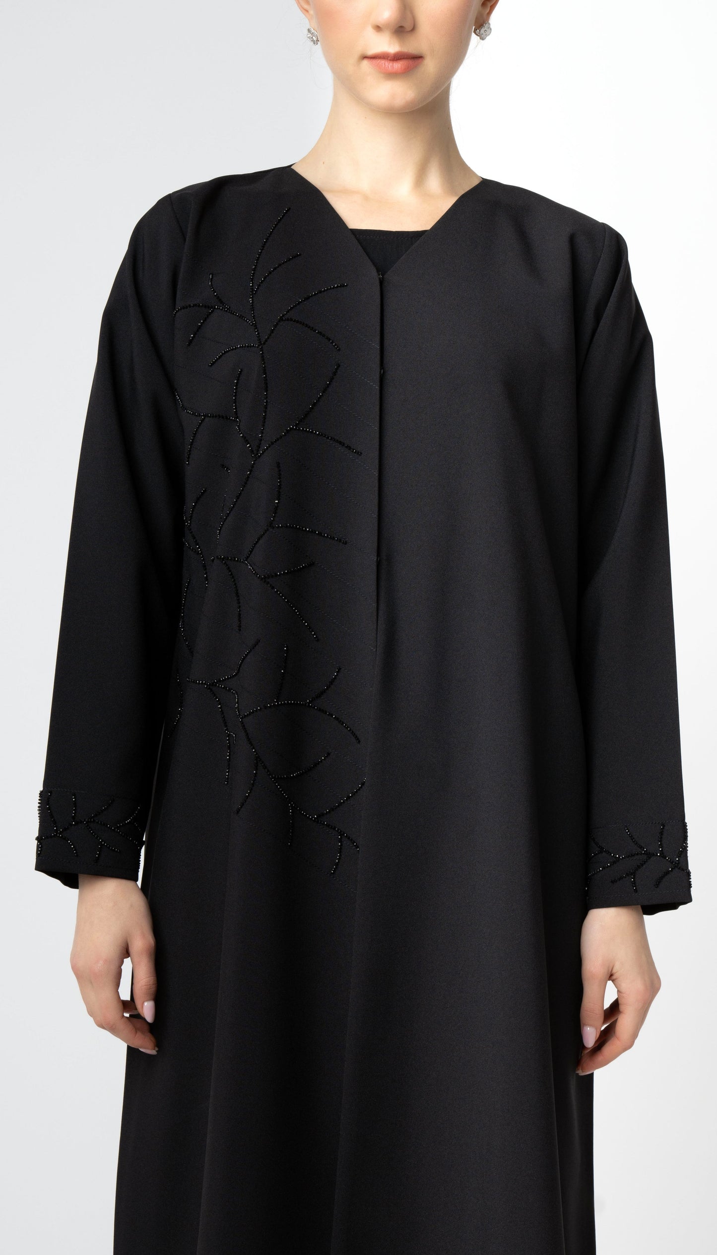 V-Neck Abaya With Stich Line And Embellishment On Front