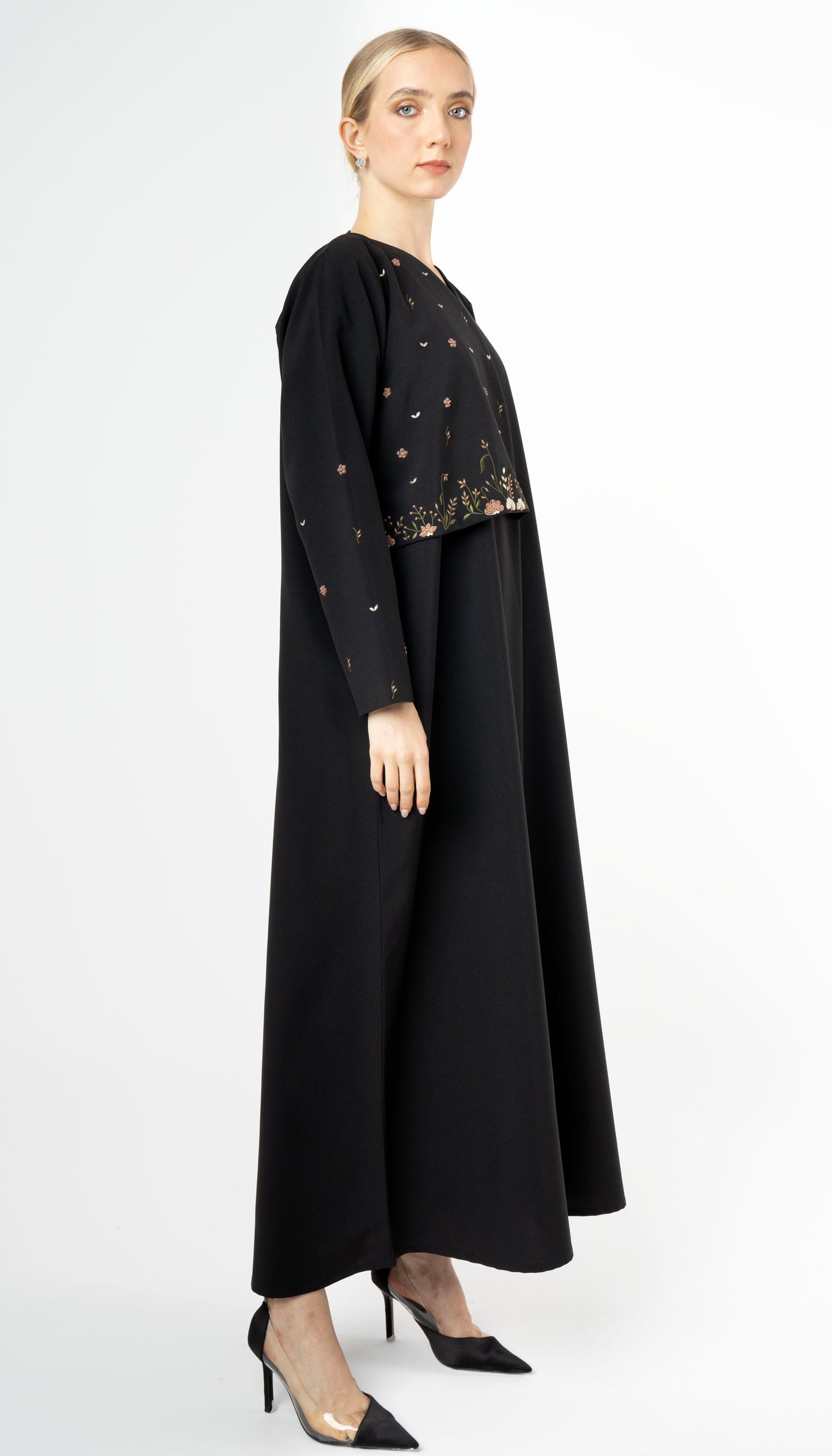 Elegant And Unique Abaya With Flower Style Embroidery On Front