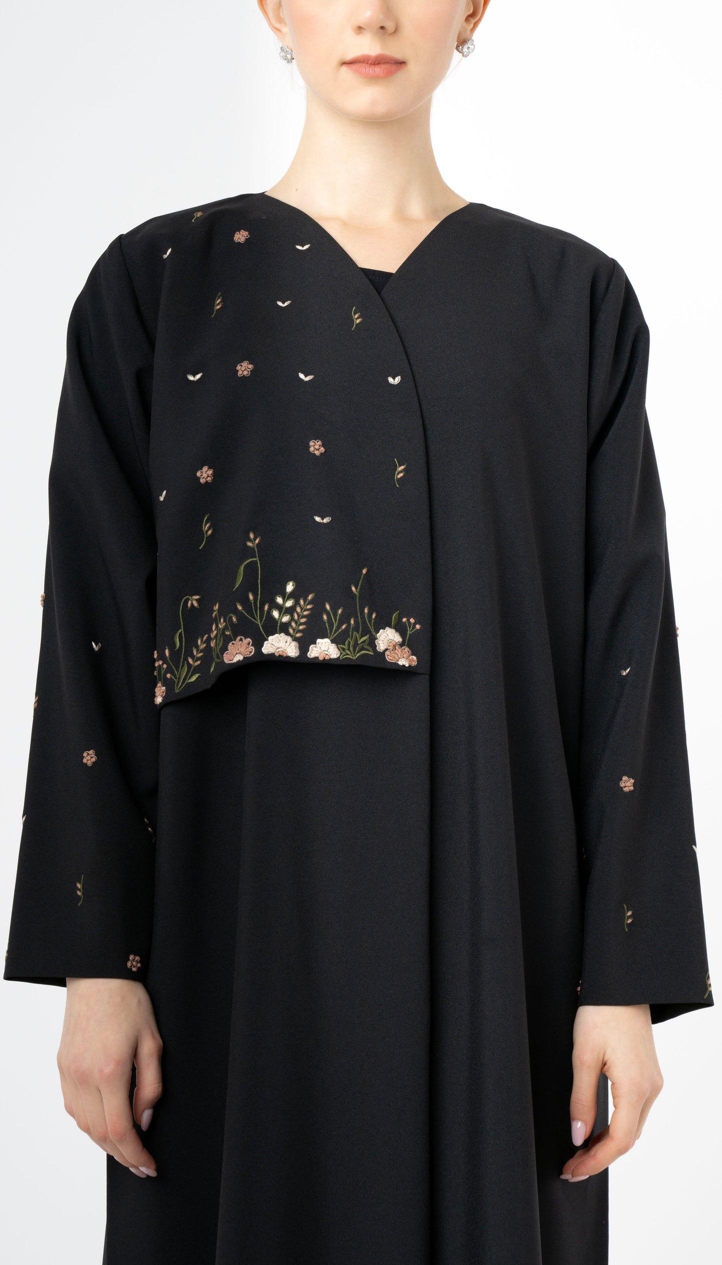 Elegant And Unique Abaya With Flower Style Embroidery On Front