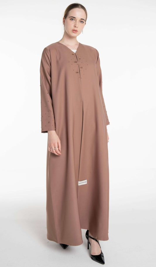 Light Brown Elegant Abaya With Bead Embellishment On Sleeves And Front