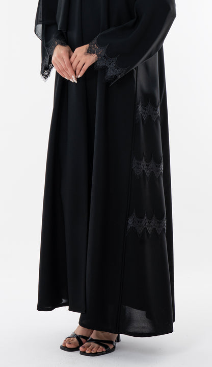 Side Cut Black Abaya With Embroidery Lace Detailing
