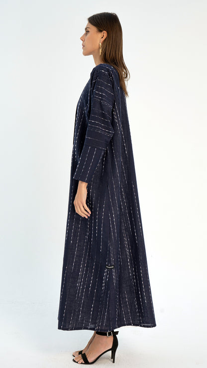 Dark Blue Stripe Linen Overlap Abaya with Cut Joined Sleeve Pattern