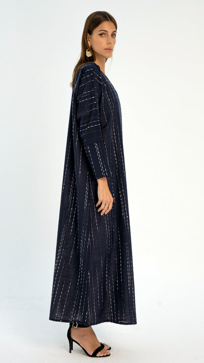 Dark Blue Stripe Linen Overlap Abaya with Cut Joined Sleeve Pattern