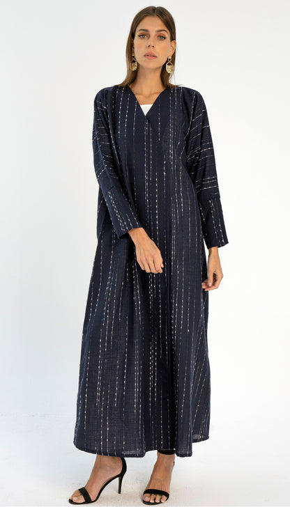 Dark Blue Stripe Linen Overlap Abaya with Cut Joined Sleeve Pattern