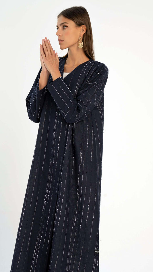 Dark Blue Stripe Linen Overlap Abaya with Cut Joined Sleeve Pattern