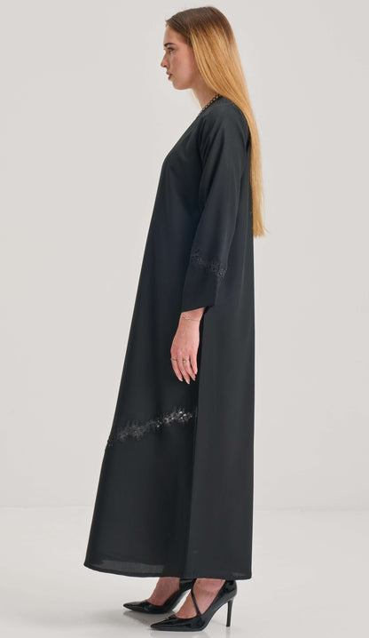 Black Lacework Abaya With Beadwork Detailing