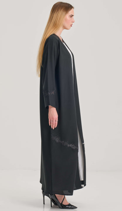 Black Lacework Abaya With Beadwork Detailing