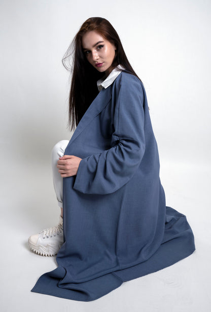 Modern blue abaya with collar and frilled drawstring sleeve pattern