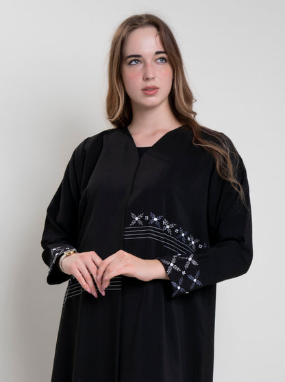 Abaya design with floral thread embroidery on front and fold sleeve