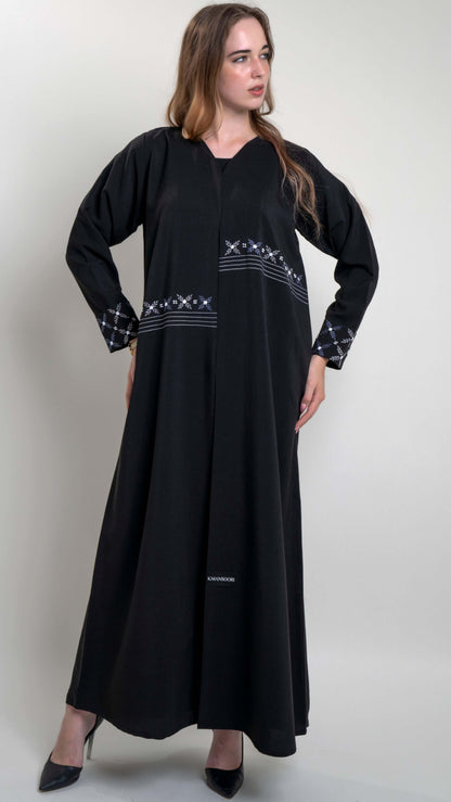Black abaya with floral thread embroidery