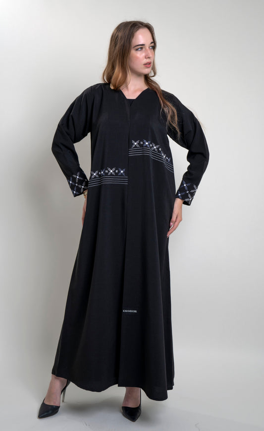 Black abaya with floral thread embroidery