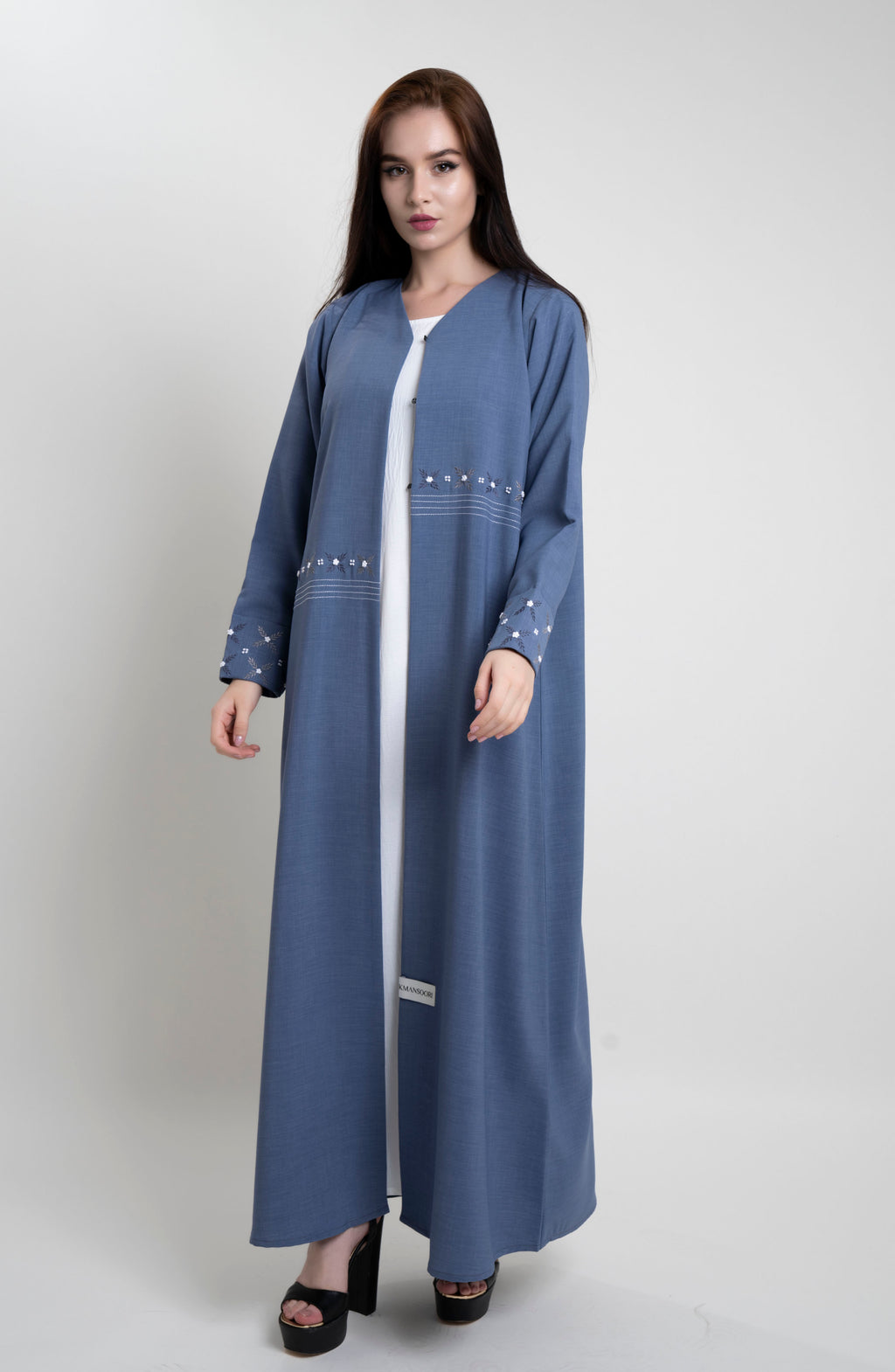 Blue abaya with floral thread embroidery on front and fold sleeve