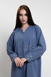 Abaya design with floral thread embroidery on front and sleeve.