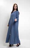Girl wearing blue abaya with floral thread embroidery
