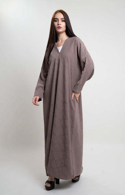 Complete view of Beige Abaya With Bead Highlights
