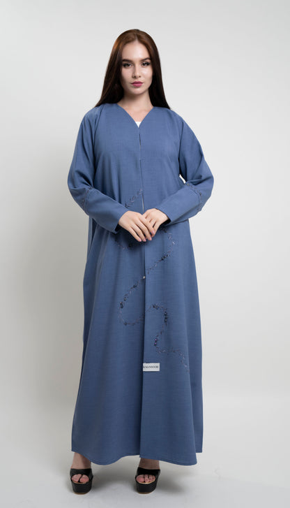blue floral curve line abaya with embroidery with bead embellishments on front and sleeve
