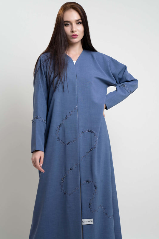 Blue abaya with floral curve line embroidery