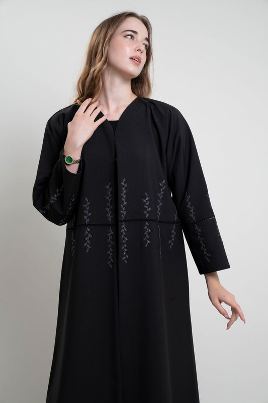 Black lace abaya with grey color leaf embroidery front look