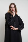 Black lace abaya with grey color leaf embroidery on front and sleeves