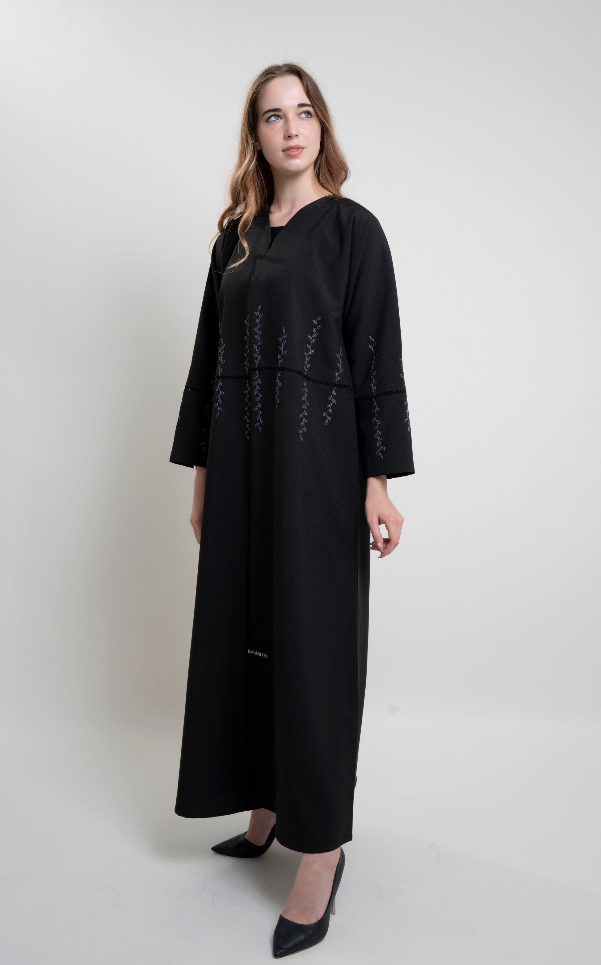 Black abaya with gray color leaf embroidery on front and sleeves