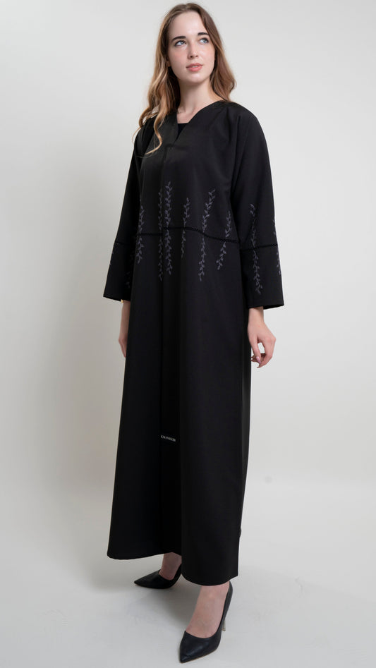 Black abaya with gray color leaf embroidery on front and sleeves