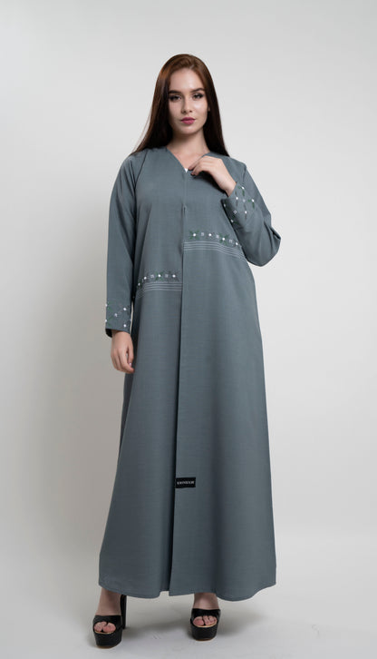 Green abaya with floral thread embroidery on front and fold sleeve