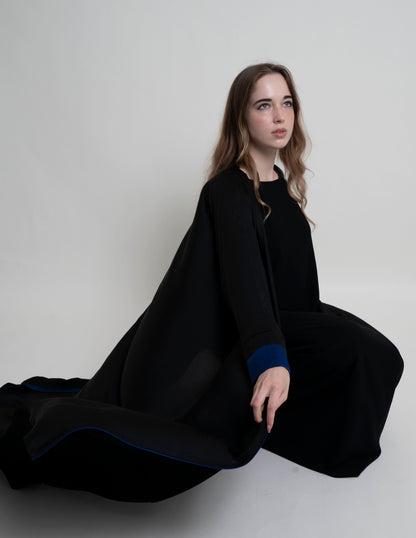 Black Bahrini Style Abaya with Blue Color Cuff Sleeve and Piping on Front Line