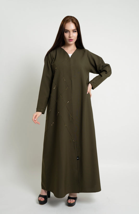 Olive Green Geometrical Pintucks Abaya with Bead Detailing