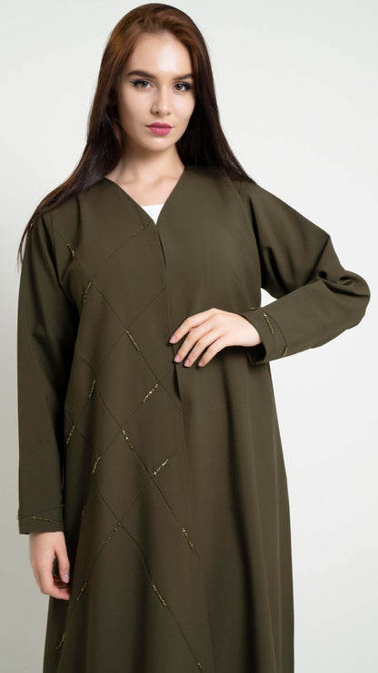 Olive Green Geometrical Pintucks Abaya with Bead Details