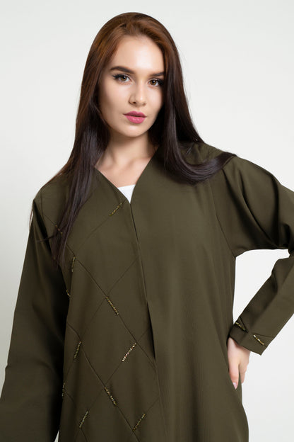 Half View Olive Green Geometrical Pintucks Abaya with Bead Detailing