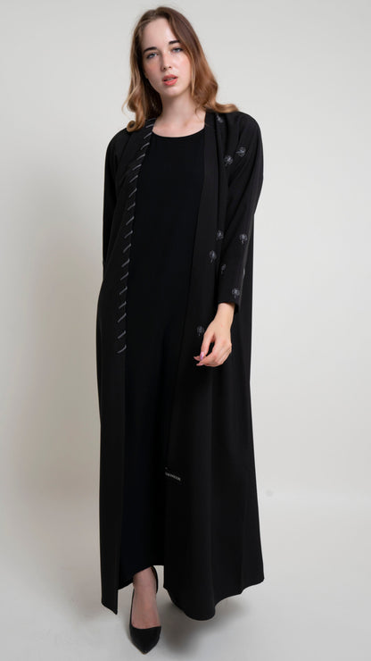 Grey Floral Motif Embroidery on Black Abaya with One Side Piping