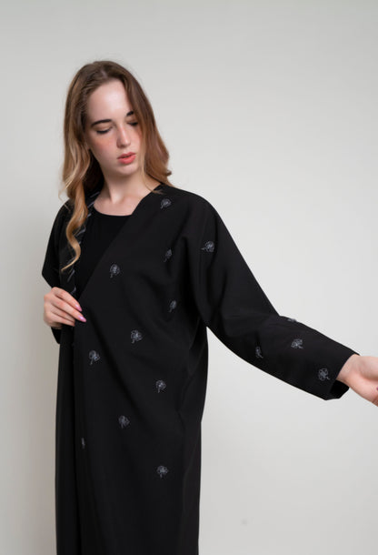 Grey Floral Motif Embroidery on Black Abaya with One Side Piping