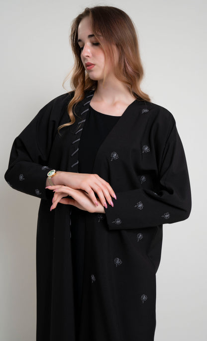 Grey Floral Motif Embroidery on Black Abaya with One Side Piping