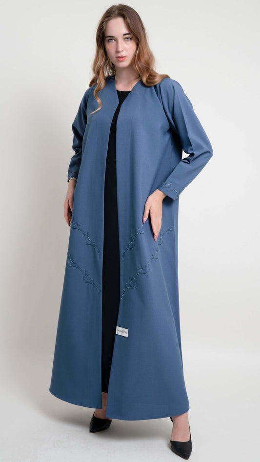 Sky blue curve abaya with bead embellishments on front and sleeves