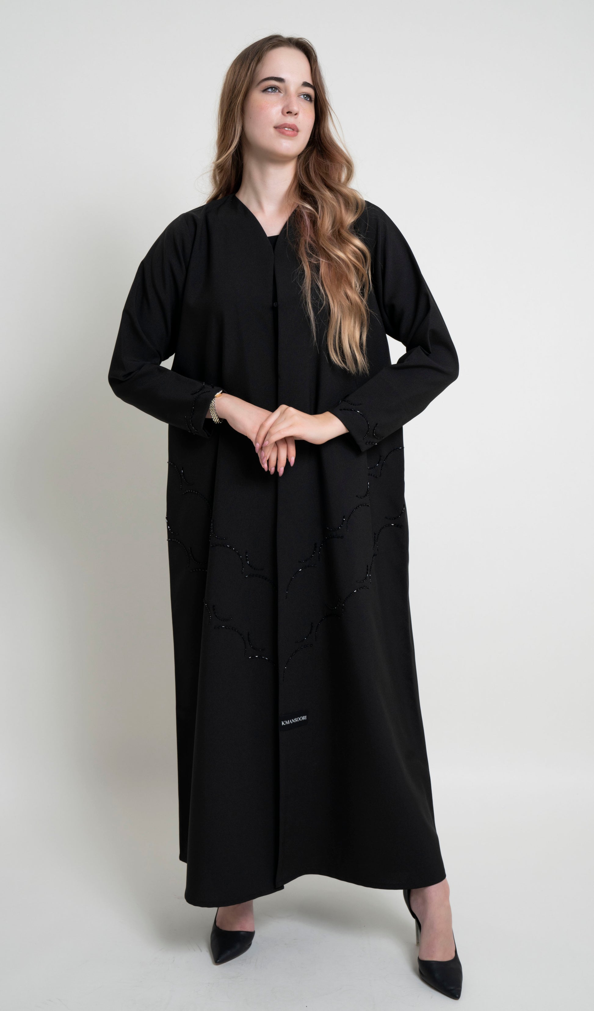 Elegant Curve Design with Bead Embellishment on Front and Sleeves abaya for women