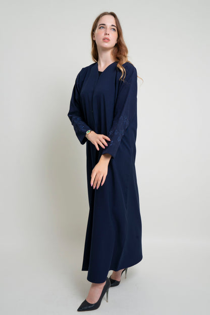 Dark blue abaya with floral design thread embroidered sleeve