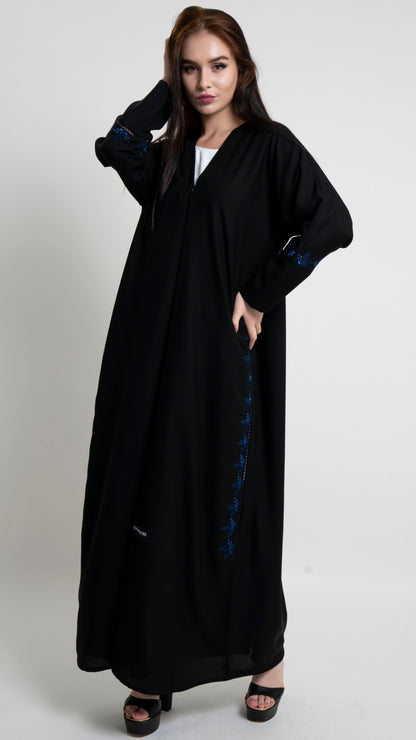 Black abaya with floral design thread embroidery on side and sleeve