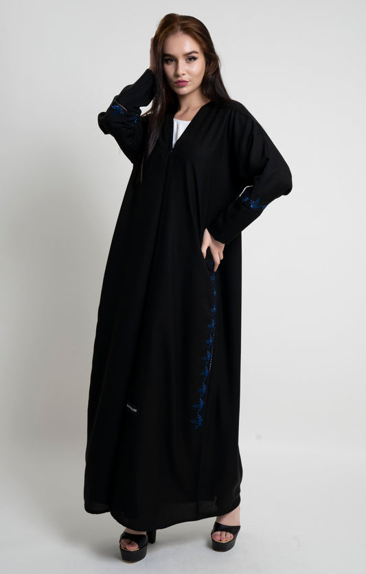 Black abaya with floral design thread embroidery on side and sleeve