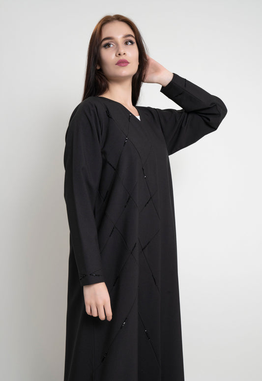 Abaya in Dubai online with geometric pintucks and embellished with bead detailing