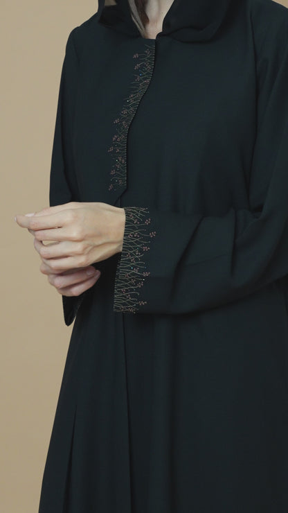 Black Front-Layered Abaya With Thread & Bead Embellished Details