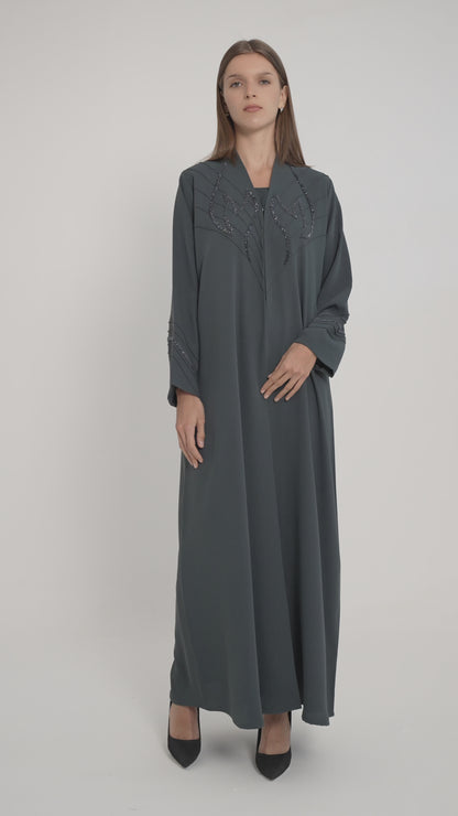 Grey Pintuck Abaya With Handworked Front And Sleeve Detailing