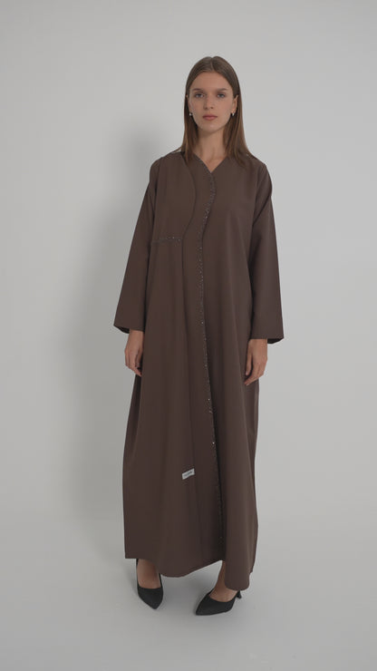 Brown Layered Abaya With Overlap Curve Design And Beadwork