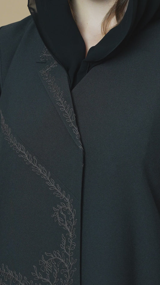 Black Blazer-Style Abaya with Fine Thread Embroidery