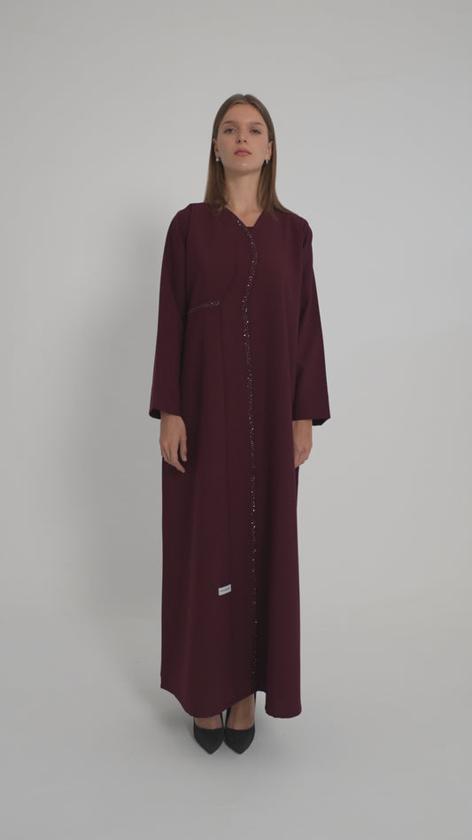Maroon Overlap Curve Abaya With Front Layering And Beadwork